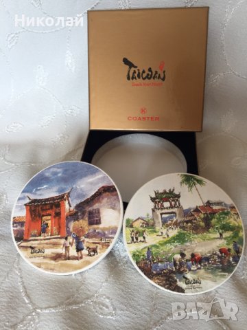 Рисувани керамични подложки за чаши от Тайван, уникат подаръчна кутия,антислип нови, изискан подарък, снимка 4 - Други - 36628012