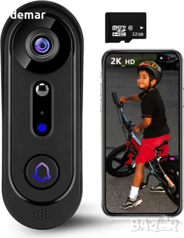 2K безжична камера със звънец, 2.4G WIFI, 32GB SD карта, 2-посочно аудио