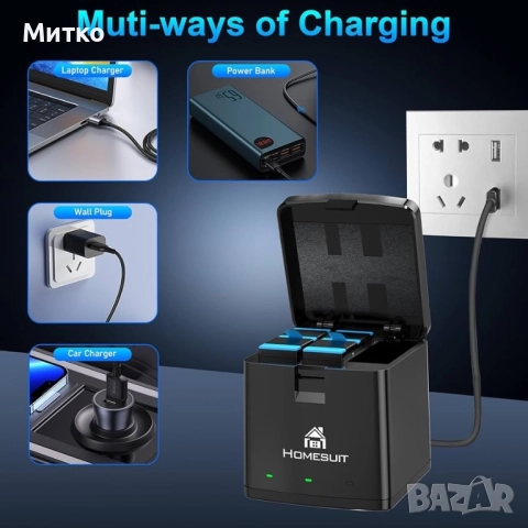 Homesuit Hero 12 11 10 9 Батерия 1800mAh и LED 3-канално USB зарядно за Gopro12Black Gopro11Black Go, снимка 8 - Камери - 52812373