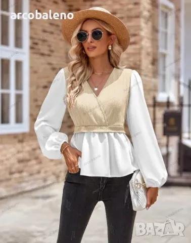 Дамска ежедневна едноцветна риза с V-образно деколте и дълги ръкави на