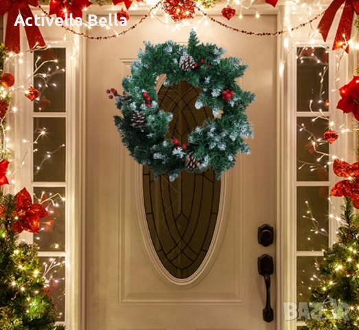 Коледен венец с шишарки и червени плодчета - 40 см, снимка 2 - Декорация за дома - 52561858