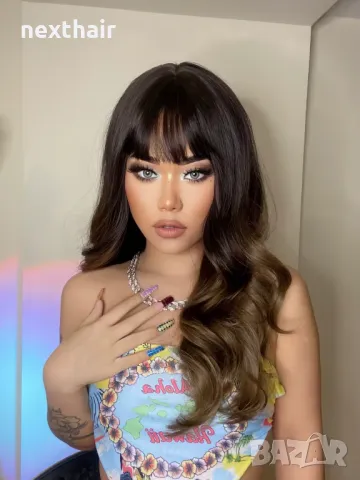 Омбре перука със светли краища и бретон, снимка 5 - Аксесоари за коса - 48669684