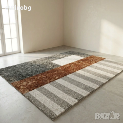 Топъл Килим за Хол 120х160см – Кафяв Меланж с Бежови райета и 3D ефект, Противоплъзгащ и Миещ се, снимка 4 - Килими - 53882935