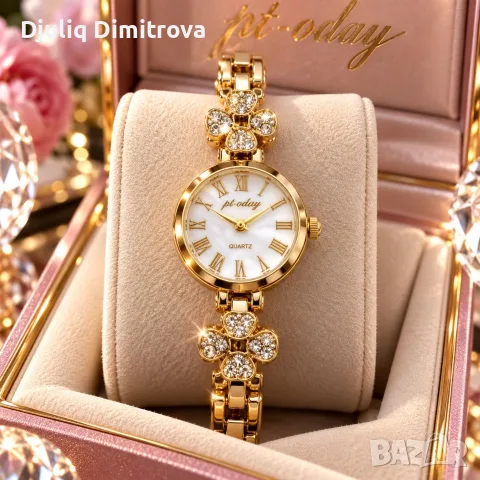 Елегантен дамски часовник с кристални цветя – Rose Gold