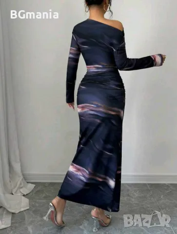 Елегантна дълга рокля лилаво едно рамо дълъг ръкав размери М и Л, снимка 2 - Рокли - 48968704