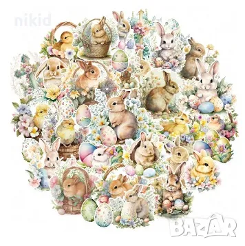 50 бр Пролетни Великденски заек пиле яйце самозалепващи лепенки стикери украса декор картонена торта
