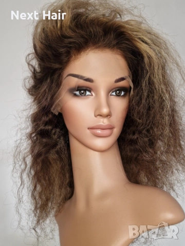 Естествена афро къдрава кафява перука с руси кичури с дантела 13х4, снимка 5 - Аксесоари за коса - 52024595