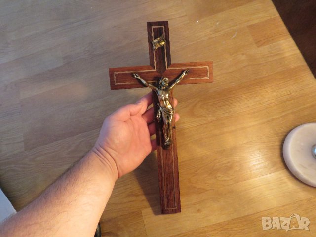 Стар кръст разпятие Хрисово, Исус Христос 20 х 36 см с бронзови лайсни, Израел бог религия Йерусалим, снимка 3 - Антикварни и старинни предмети - 35333993