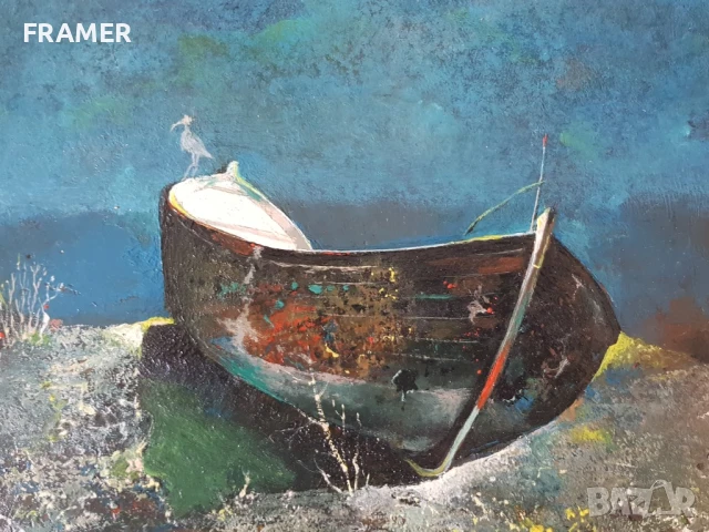 Митко Димитров 1946-2022 Лодка край морето 1995 година, снимка 3 - Картини - 50650755