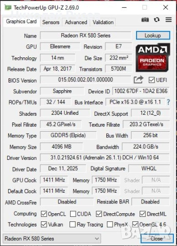 Видео карта Sapphire Nitro RX580 4GB GDDR5/256-bit, снимка 5 - Видеокарти - 54350534