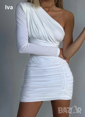 Fashion Room Бяла асиметрична рокля, непрозрачна – елегантност и стил с едно рамо, снимка 5 - Рокли - 52181081