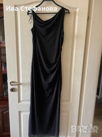 Нова дълга елегантна черна рокля на бели  точки , снимка 3 - Рокли - 50642901