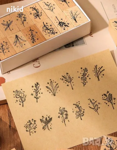 12 бр цветя цвете гумирани дървени печати печата цветя за бисквитки картички и др украса, снимка 7 - Други - 49885909