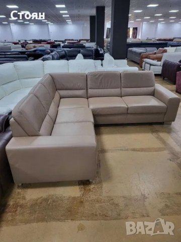 Бежов кожен ъглов диван "ALDOSA", снимка 1 - Дивани и мека мебел - 39965352
