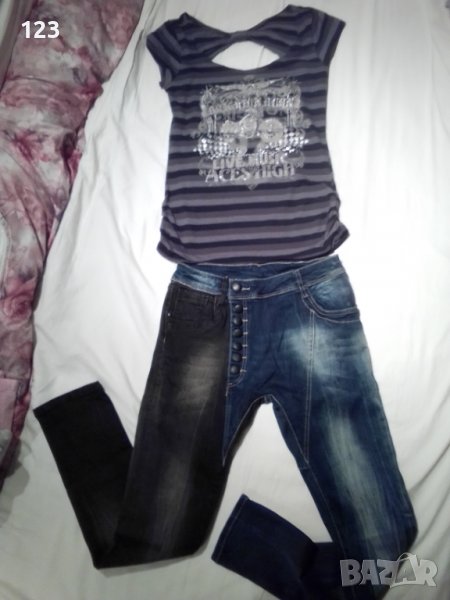 Тениска с интересен гръб, отпред със сребрист мотив с блестящи камъчета, снимка 1