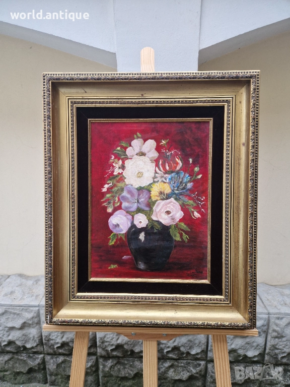 Красив антикварен авторски натюрморт масло върху платно , снимка 1