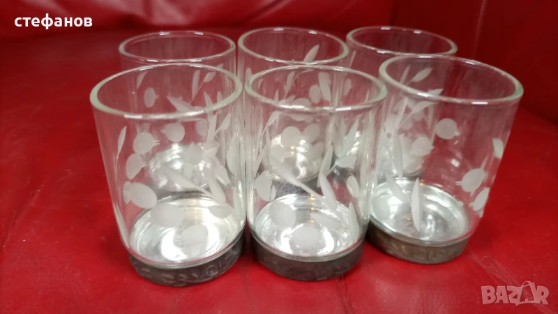 Руски кристални ракиени чашки с метално дъно, шотчета, 6 бр, снимка 1