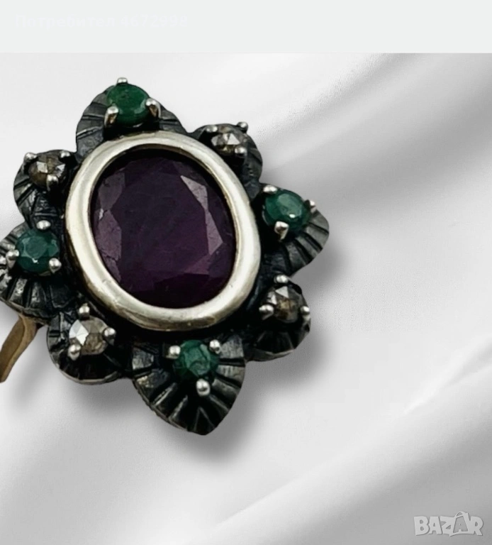 Луксозен винтидж пръстен със златен ринг, сребърна основа, диаманти и скъпоценни камъни, снимка 1