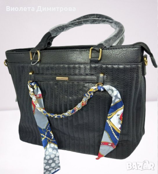 Черна дамска чанта с две дръжки и панделка, снимка 1