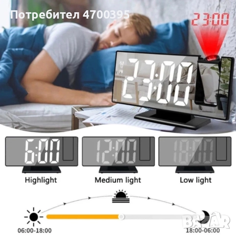  Настолен LED часовник със светещ проектор на тавана , аларма , будилник ТОП: Буквите на часовника с