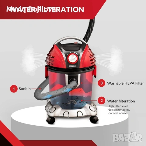 Прахосмукачка с воден филтър Voltz, 1200W-1400W, 15л., Червена, снимка 4 - Прахосмукачки - 53218768