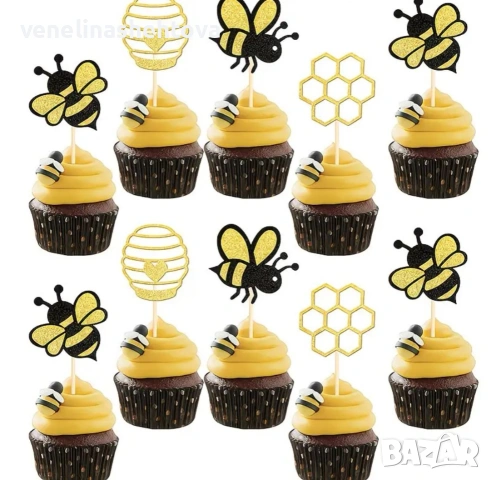 12 броя картонени топери брокат пчела пита кошер декорация торта 