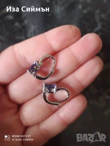 Сребърни обици с аметист и кристали, снимка 3 - Обеци - 34254040