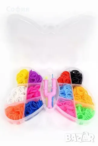 Комплект ластички за плетене на гривни в кутия с формата на Пеперуда 600 броя, снимка 1