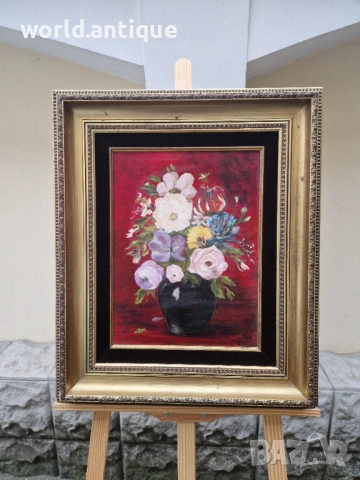 Красив антикварен авторски натюрморт масло върху платно 