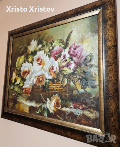 Маслена картина -кошница с рози, снимка 2 - Картини - 53033749