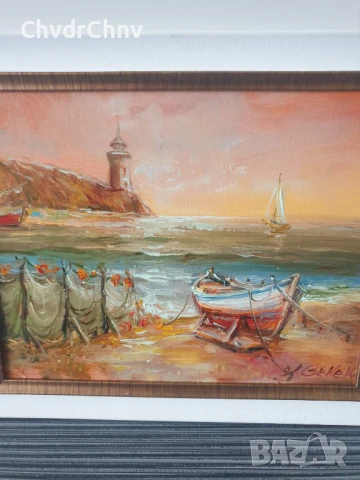 Димитър Генев 33x27см/малка българска картина масло върху платно/морски пейзаж/рибарски лодки-фар, снимка 2 - Картини - 51153061