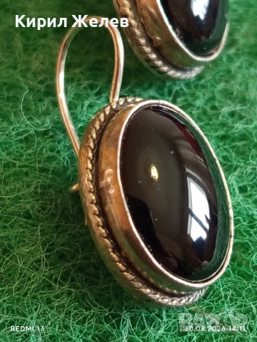 Сребърни обеци инкрустирани с черен ТУРМАЛИН орнаментика винтидж стил 32415, снимка 2 - Обеци - 54026345