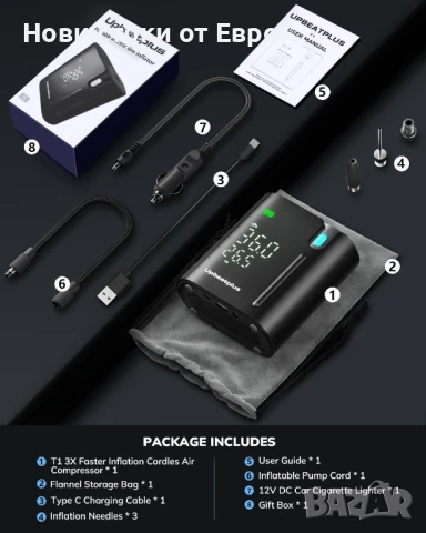 Преносима помпа за гуми T1 със 160 PSI, 4 пъти по-бърза въздушна помпа, безжична, снимка 9 - Аксесоари и консумативи - 50628170