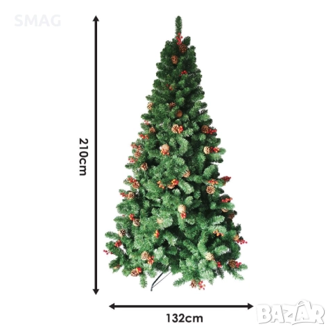 Коледна елха със шишарки зелена с 1168 клона - 2.10м_1240653, снимка 2 - Други - 52329930