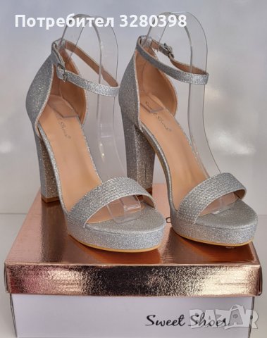 Официални дамски обувки на висок квадратен ток с платформа в сребрист цвят, снимка 6 - Дамски обувки на ток - 44321150