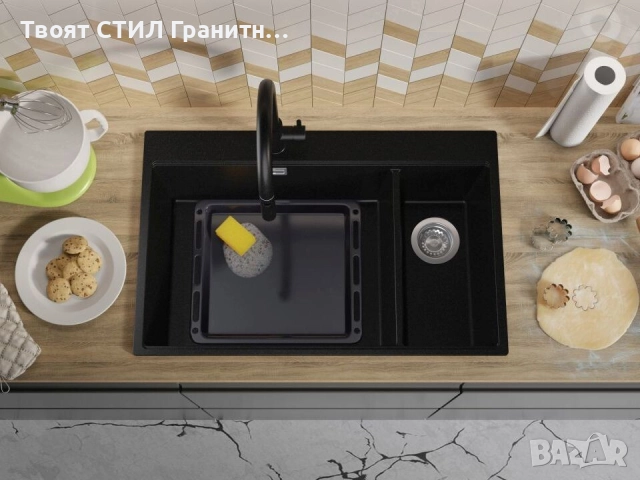 Черна кухненска гранитна мивка Осло 80 Duo Top 780x500 мм, снимка 7 - Мивки - 52548486
