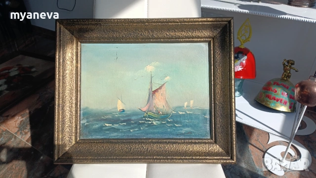 Стара картина , морски пейзаж с маслени бои върху платно в дървена рамка. , снимка 6 - Картини - 53879972