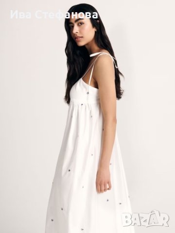 Нова дълга елегантна бяла рокля теменужки 100% памук , снимка 17 - Рокли - 41932782