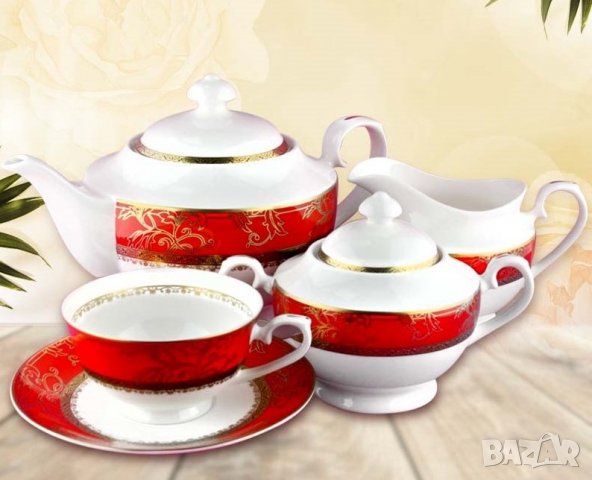Червен комплект чинии от костен порцелан за съдомиялна машина, снимка 10 - Сервизи - 28078031