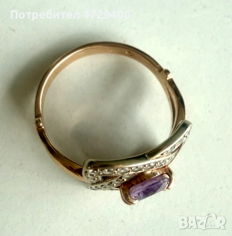 Златен пръстен с лилав аметист и циркони, снимка 6 - Пръстени - 53373337