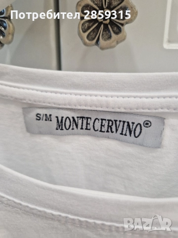 Спортно-елегантна дамска тениска - бяла с черна щампа и пайети, размер S, снимка 7 - Тениски - 52155903