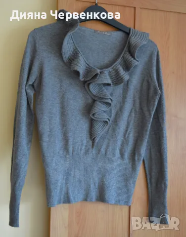 Блуза, дамска, зимна, светлосива с раздвижена яка, машинна плетка; L÷XL