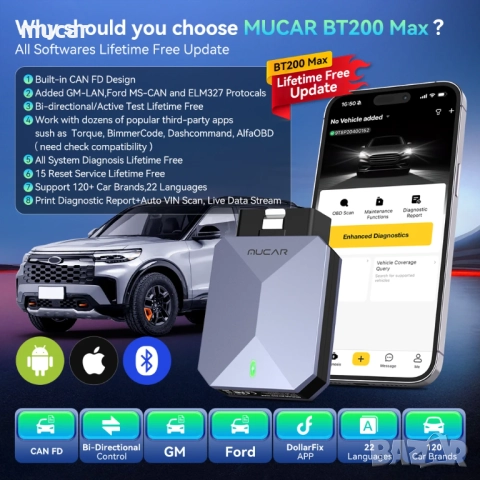 MUCAR BT200 MAX Универсална диагностика БЕЗ абонамент + български език, снимка 4 - Аксесоари и консумативи - 51567640