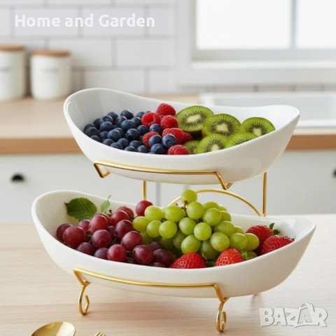 Луксозна двуетажна етажерка за плодове — бяла керамика, златна стойка