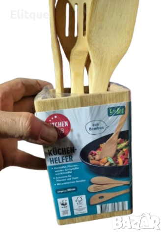 Екологичен комплект бамбукови кухненски прибори с поставка, снимка 3 - Други - 52743871