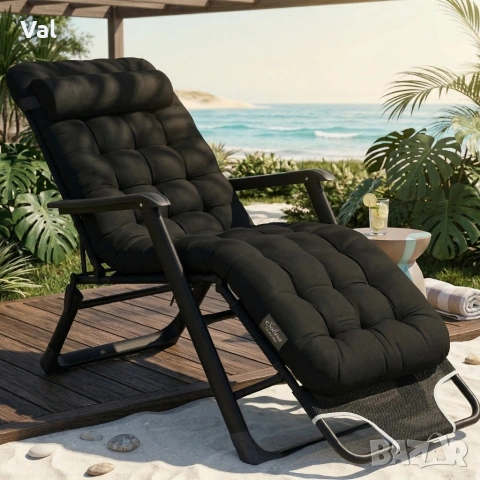 Сгъваем градински шезлонг с мека ватирана възглавница, дишаща материя, регулируем, 178см, снимка 5 - Градински мебели, декорация  - 53891537