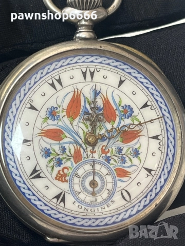 Продавам антикварен джобен часовник Longines (1916-1917 г.) – сребро 0.800, ръчно рисуван циферблат, снимка 2 - Мъжки - 51532682