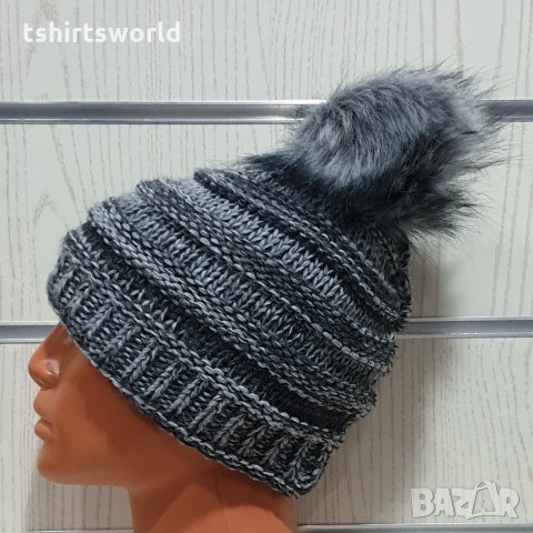 Нова дамска плетена шапка сив меланж с помпон/пух, снимка 9 - Шапки - 30963330