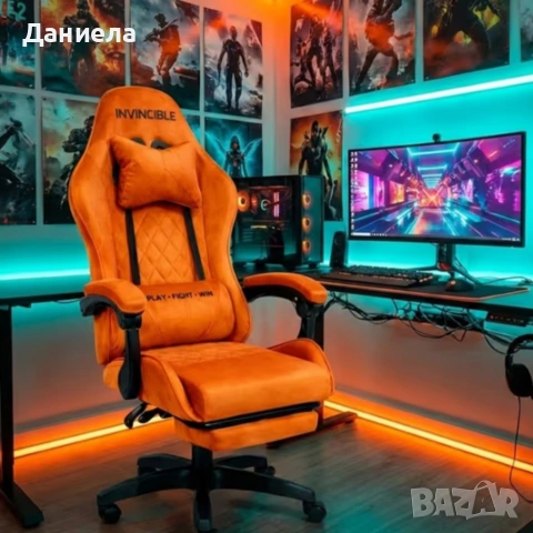 Оранжев велурен геймърски стол с поставка за крака – ергономичен, метална рамка, снимка 3 - Столове - 53237777