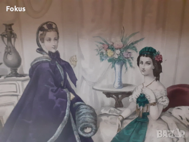 Стара цветна френска антикварна гравюра в рамка подписана, снимка 5 - Антикварни и старинни предмети - 53347110